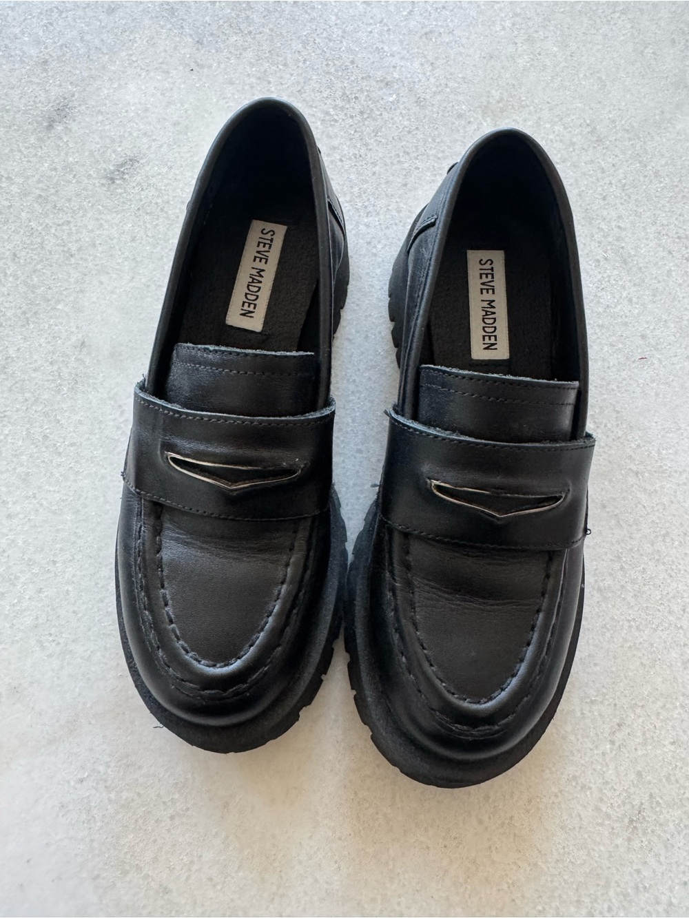 Steve Madden Black Leather Lug Penny Loafers